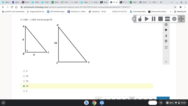 If △ABC ~ △DEF, find the length EF.-example-1