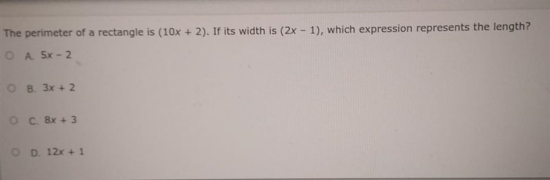 The perimeter of a rectangle is (10x2).if it's width is (2x-1),which expression represents-example-1