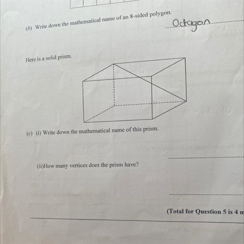 Here is a solid prism. (c) (i) Write down the mathematical name of this prism. (ii-example-1