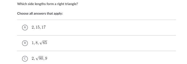 Which side lengths form a right triangle?-example-1