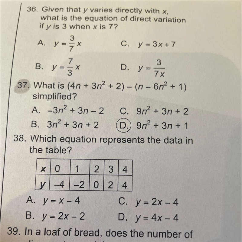 38. Which equation represents the data in the table?-example-1