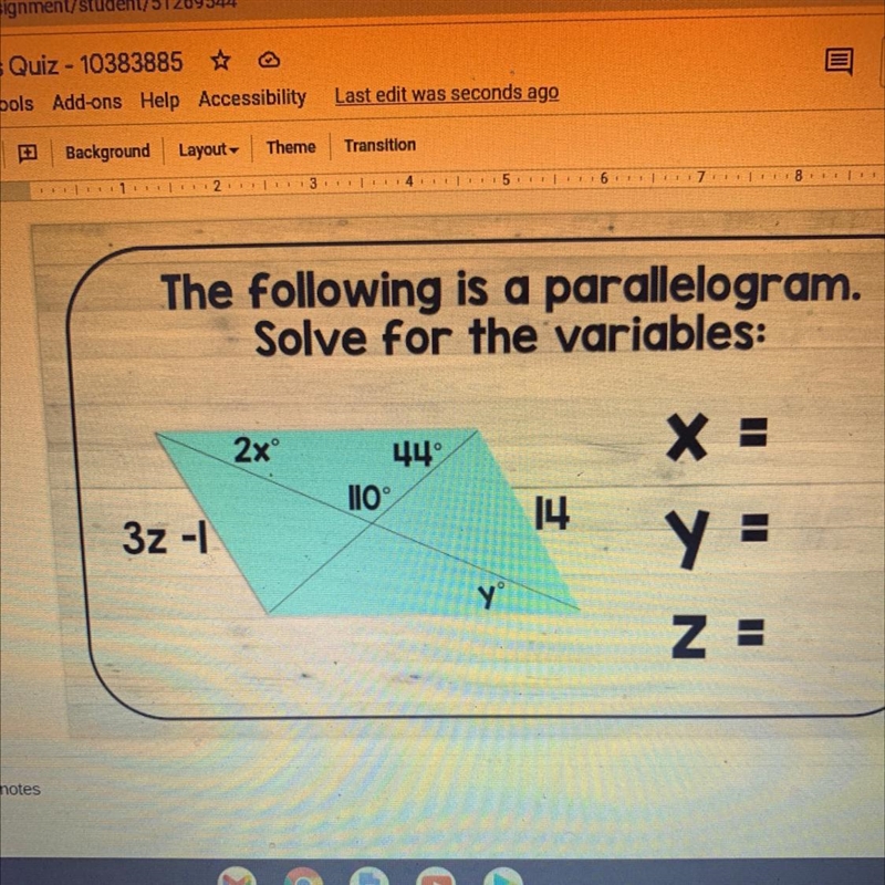 The following is a parallelogram solve for the variables-example-1