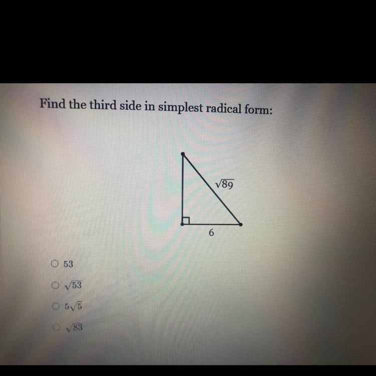 Find the third side in simplest radical form:-example-1