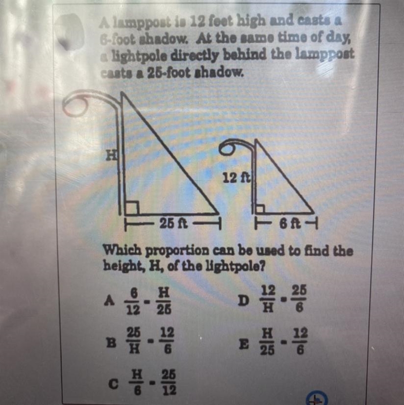 A lamppost is 12 feet high and casts a 6-foot shadow. At the same time of day, a lightpole-example-1