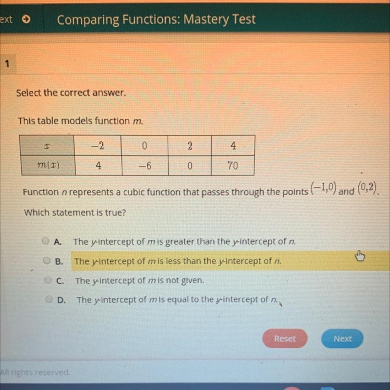 Function n represents a cubic function that passes through the points (-1,0) and (0,2). Which-example-1