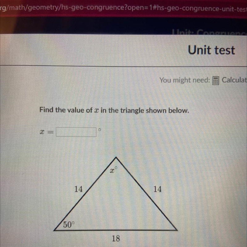 Find the value of x in the triangle shown below. X=?? 14 14 50° 18-example-1