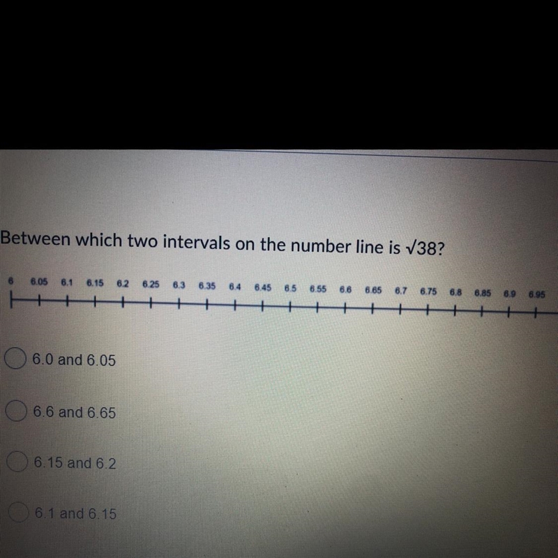 Between which two intervals on the number line is V38? A.) 6.0 and 6.05 B.) 6.6 and-example-1