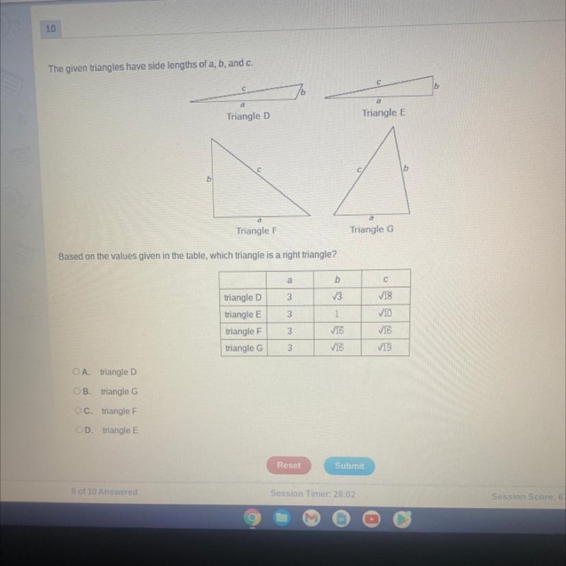 Based on the values given in the table, which triangle is a right triangle? A. triangle-example-1