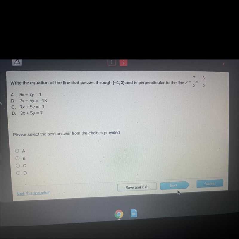 Write the equation of the line that passes through (-4, 3) and is perpendicular to-example-1