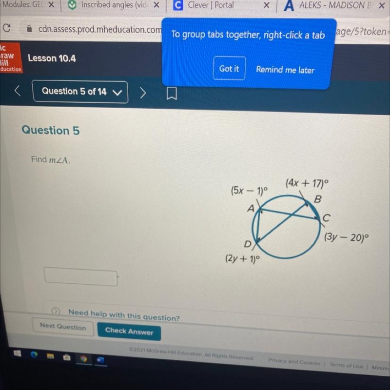 Question 5 Find MZA (5x - 1) (4x + 17)° B A (3y - 20° (2y + 1° Need help with this-example-1