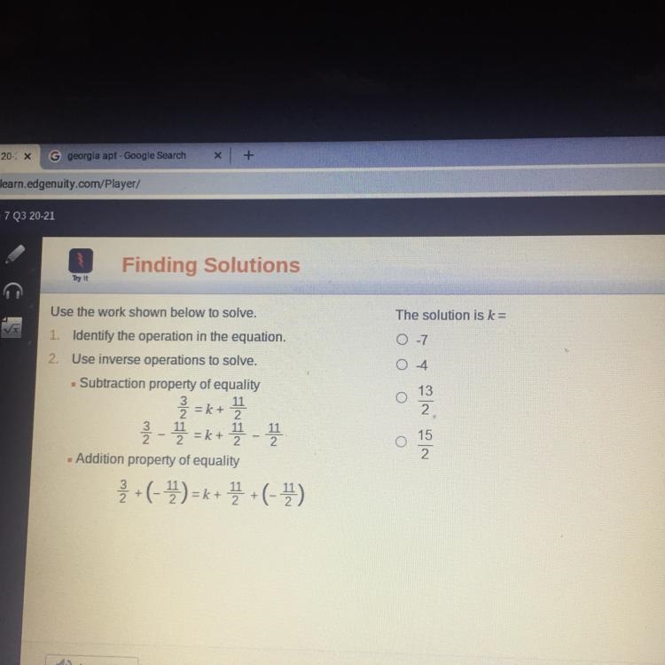 Finding Solutions The solution is k = Use the work shown below to solve. 1. Identify-example-1