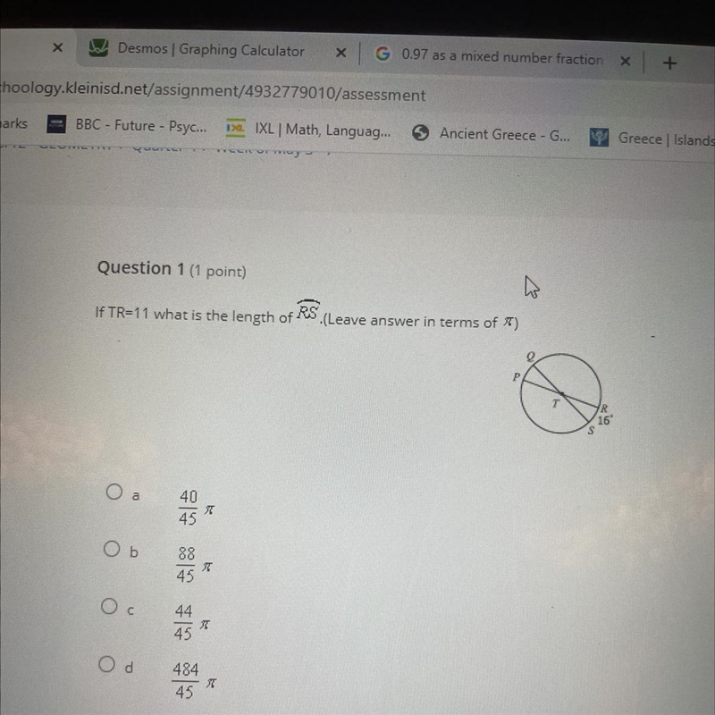 Question 1 (1 point) If TR=11 what is the length of RS S.(Leave answer in terms of-example-1