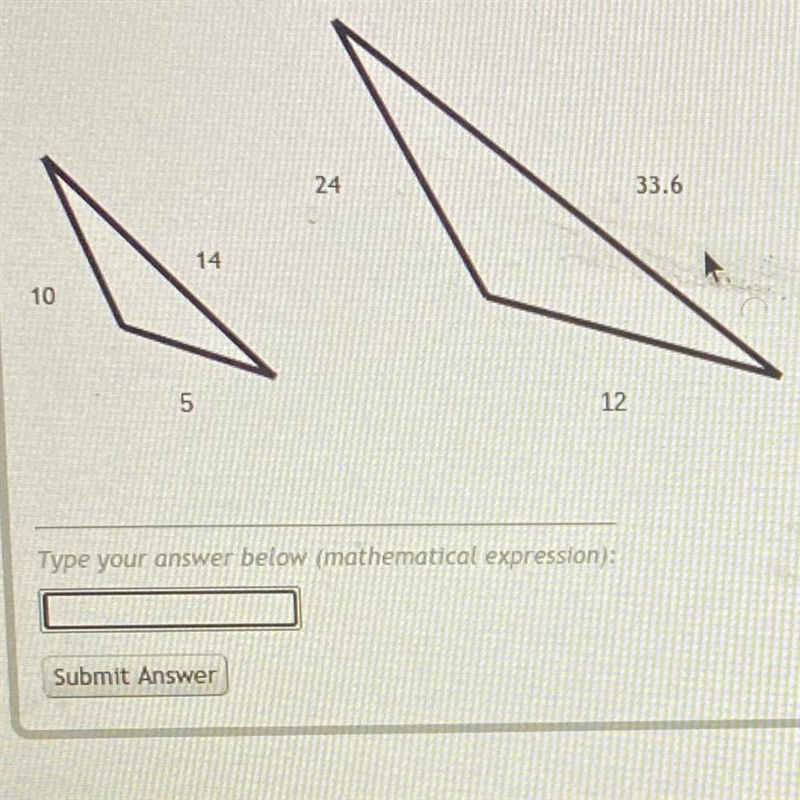 The two scalene triangles seen below are similar figures. What is the scale factor-example-1