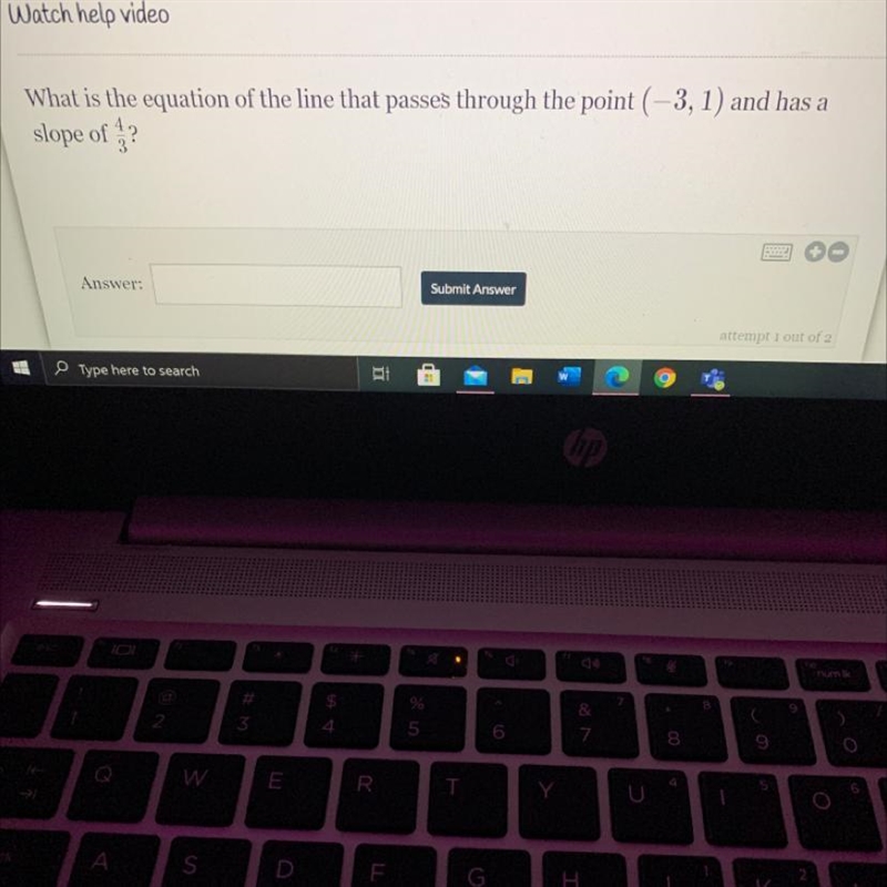 What is the equation of the line that passes through the point (-3, 1) and has a slope-example-1