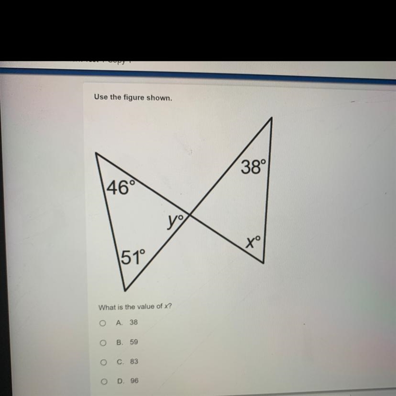 What is the value of x? A.38 B. 59 C. 83 D. 96-example-1