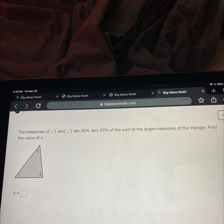 The measures of Z1 and 22 are 30% and 45% of the sum of the angle measures of the-example-1