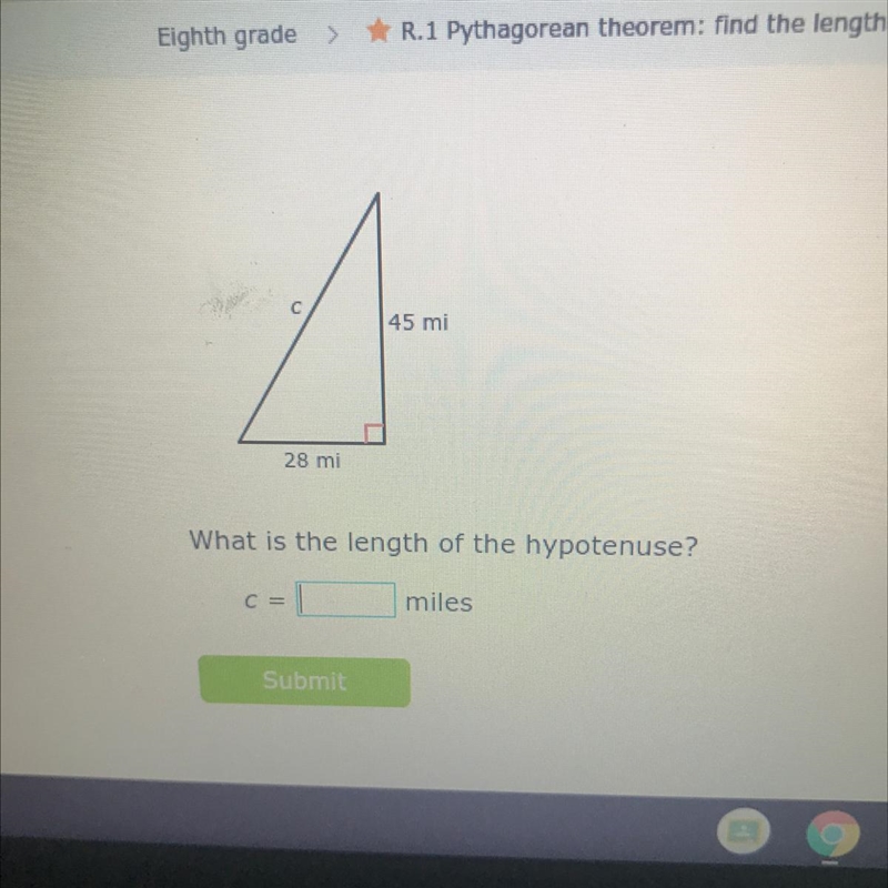 45 mi 28 mi What is the length of the hypotenuse?-example-1