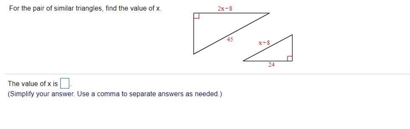 For the pair of similar​ triangles, find the value of x.-example-1