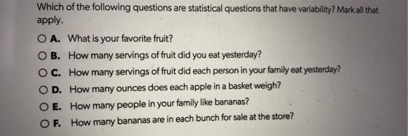 PLEASE HELP! Which ones are statistical questions? Mark all that apply. ( no random-example-1