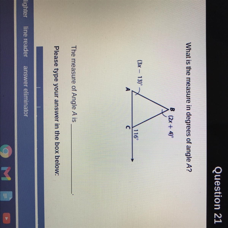 Show all work. what is the measure in degrees of angle A?-example-1