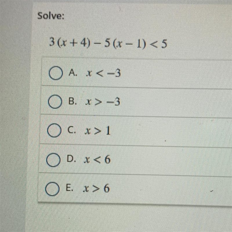 Solve: 3 (x + 4) - 5 (x - 1) <5-example-1