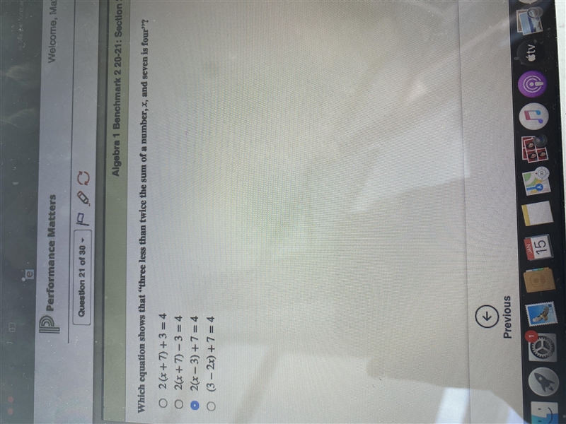 Three less than twice the sum of a number,x, and seven is four-example-1