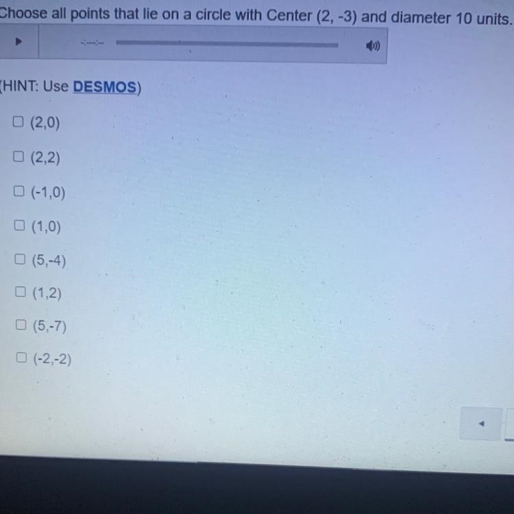 Choose all points that lie on a circle with Center (2, -3) and diameter 10 units.-example-1