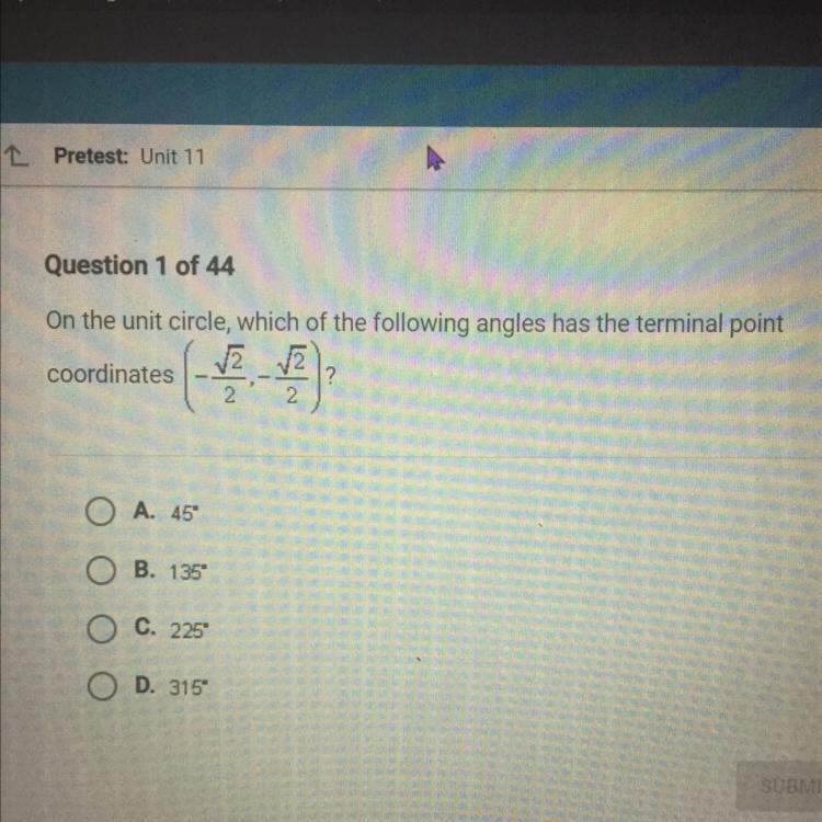 On the unit circle, which of the following angles has the terminal point coordinates-example-1