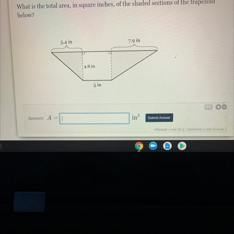 What is the total area, in square inches, of the shaded sections of the trapezoid-example-1