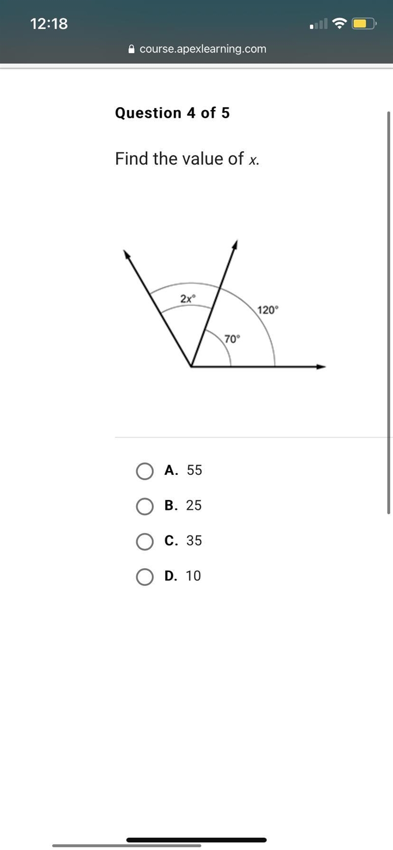 Find the value of x.A.55B.25C.35D.10-example-1