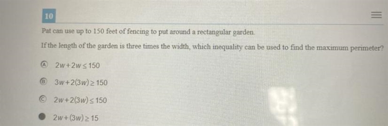 Pat can use up to 150 feet of fencing to put around a rectangular garden. If the length-example-1