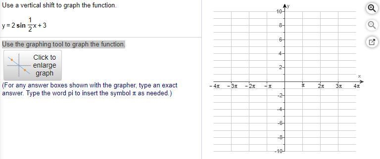 Use a vertical shift to graph the function. y=2sin(1/2)x+3-example-1