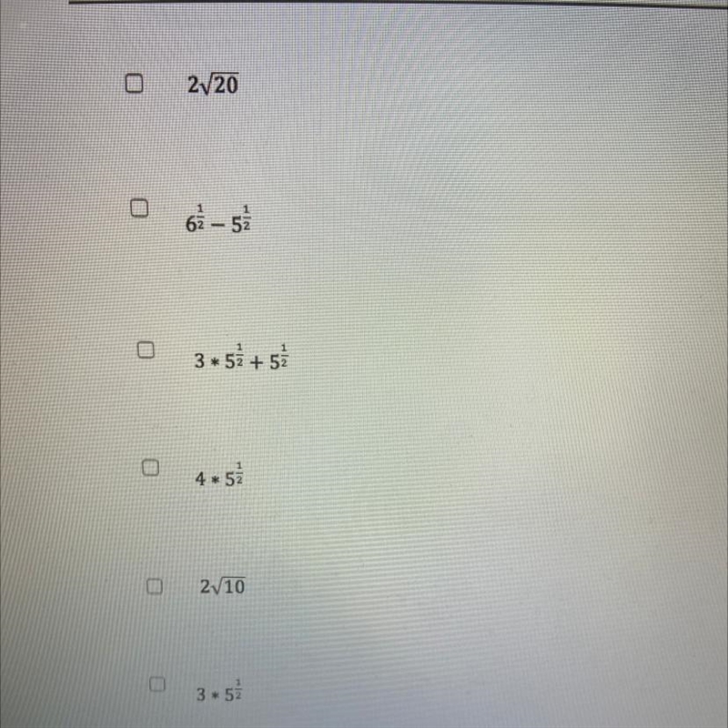 20 POINTS. Select all of the expressions that are equivalent to 4^/5-example-1