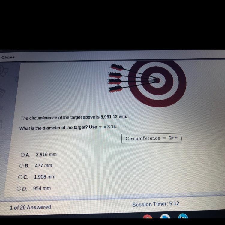 The circumference of the target above is 5,991.12 mm. What is the diameter of the-example-1