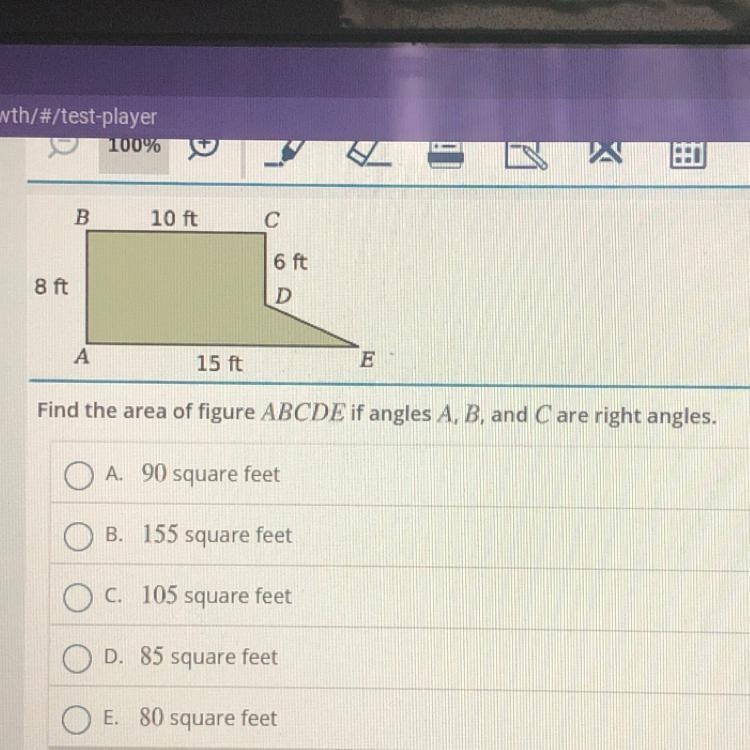 Find the area of figure ABCDE if angles A, B, and C are right angles.-example-1