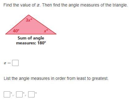 Find the value of x. Then find the angle measures of the triangle.-example-1