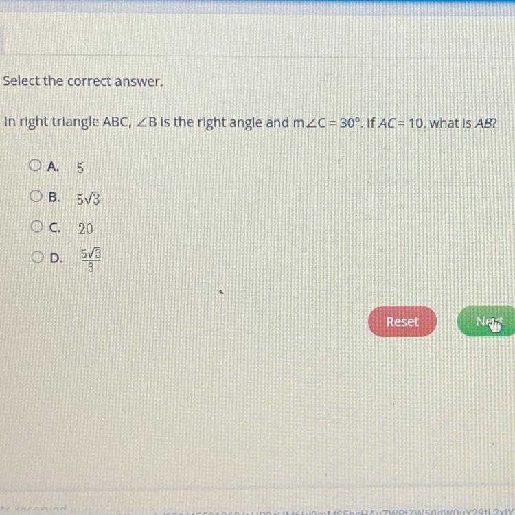 In right triangle ABC, 2B is the right angle and m2C = 30°. If AC = 10, what is AB-example-1