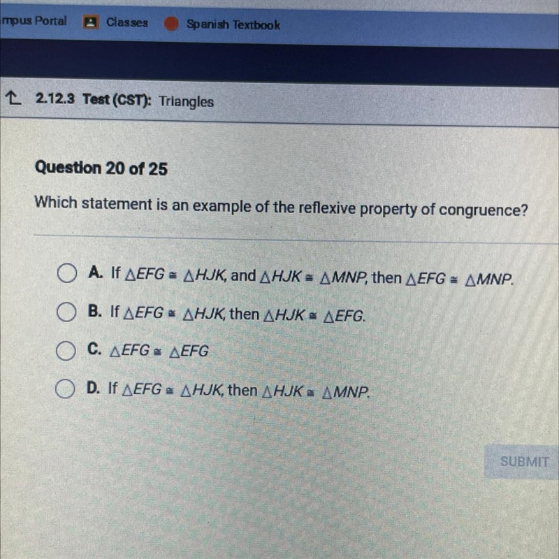 PLZ HELP Which statement is an example of the reflexive property of congruence?-example-1