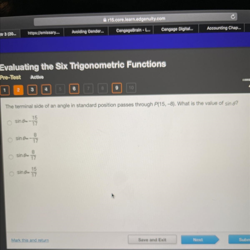 PLEASE HELP! The terminal side of an angle in standard position passes through P(15,-8). What-example-1