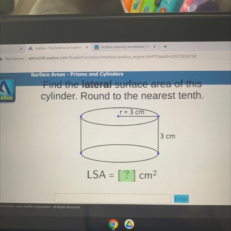 Find the lateral surface area of this cylinder. Round to the nearest tenth. r = 3 cm-example-1