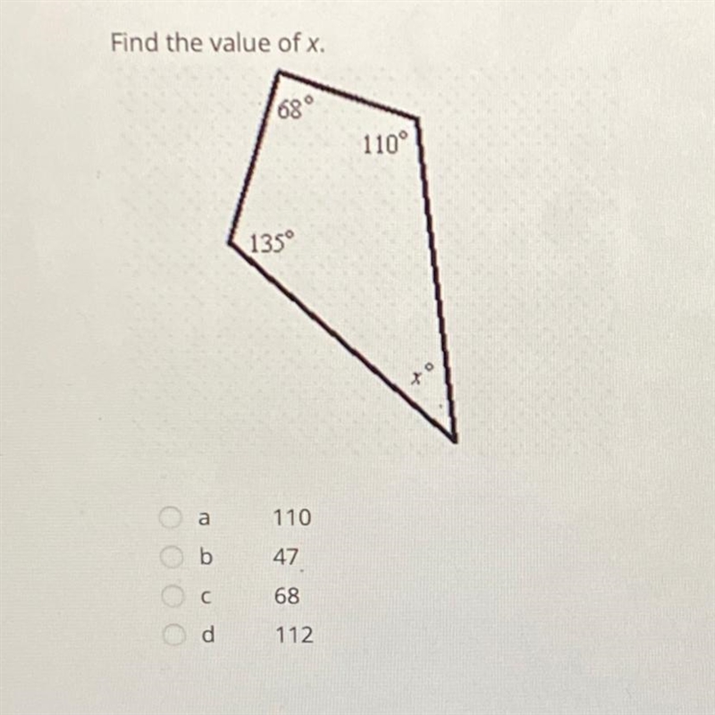 Find value of x. A. 110 B. 47 C. 68 D. 112-example-1