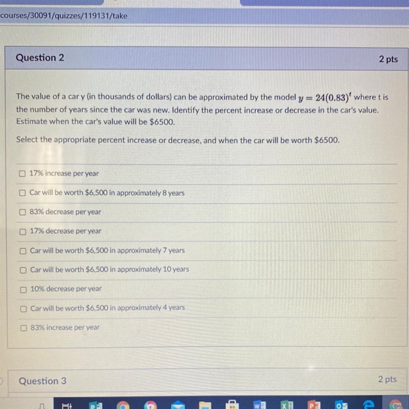 Question 2 The value of a car y (in thousands of dollars) can be approximated by the-example-1