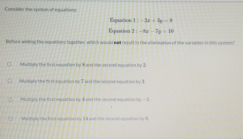 Consider the system of equations: Equation 1: -2x + 3y=9 Equation 2 : -8.1 – 7y = 10 Before-example-1