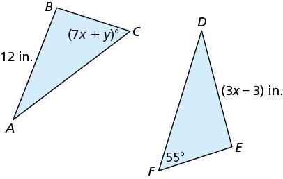 In the diagram, △ABC≅△DEF. Find the values of x and y.-example-1