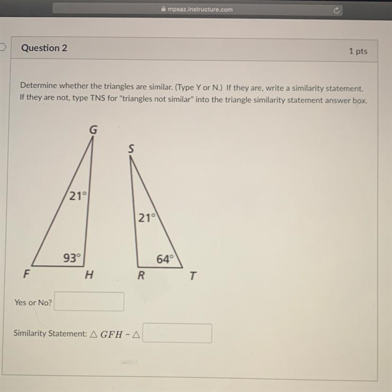 Determine whether the triangles are similar.-example-1