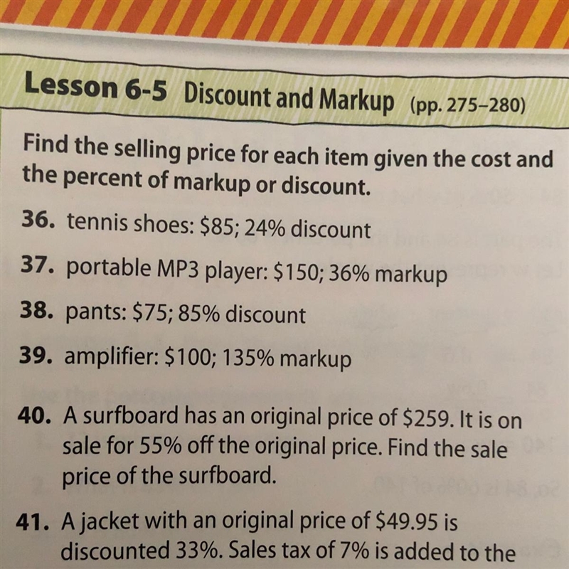 Find the selling price for each item given the cost and the percent of markup or discount-example-1