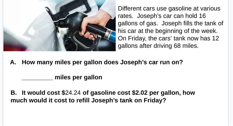 How many miles per gallon does Joseph’s car run on? _________ miles per gallon And-example-1