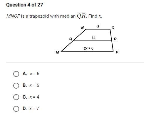 MNOP is a trapezoid with median QR. Find x.-example-1