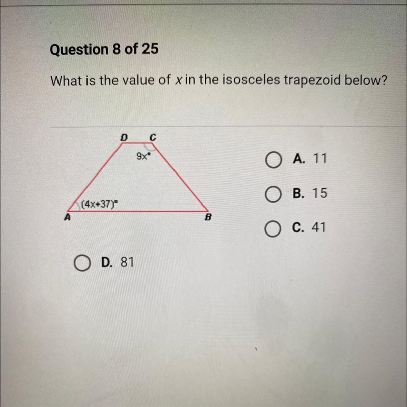 What is the value of X in the isosceles trapezoid below?￼-example-1