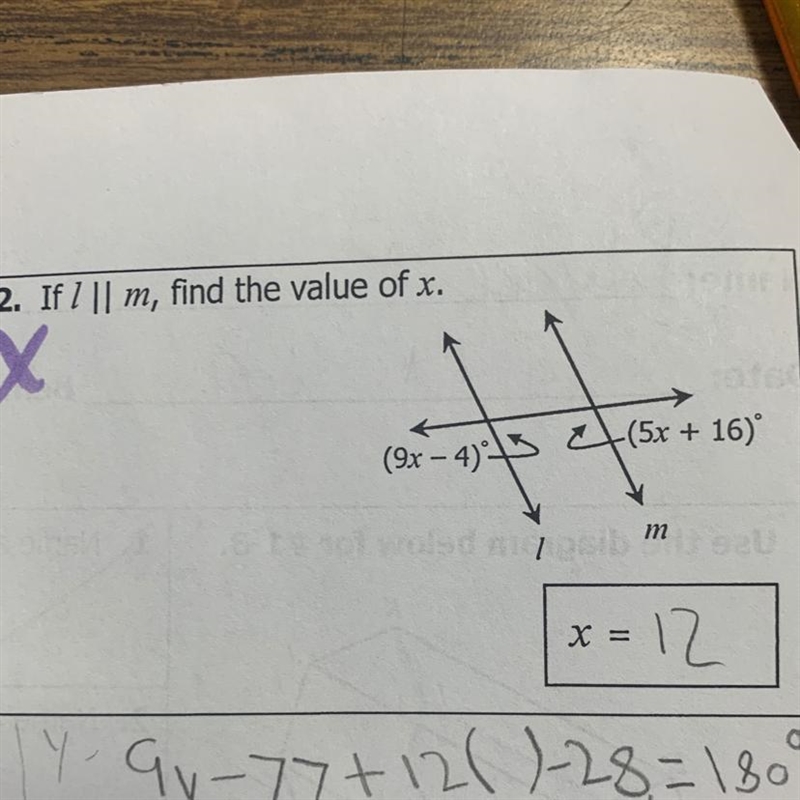 12. If I || m, find the value of x. (9x - 4)+3 (5x + 16) I know that X=12 But I need-example-1